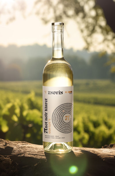 Láhev vína Znovín πnot postavená na kmenu stromu s rozostřenou vinicí v pozadí.