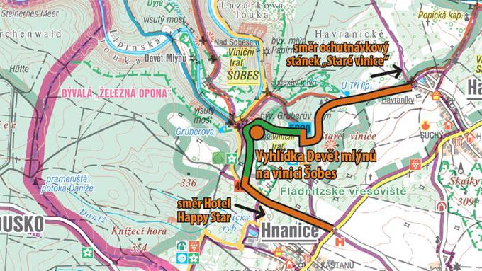 Mapa umístění vyhlídky Devět mlýnů s výhledem na vinici Šobes